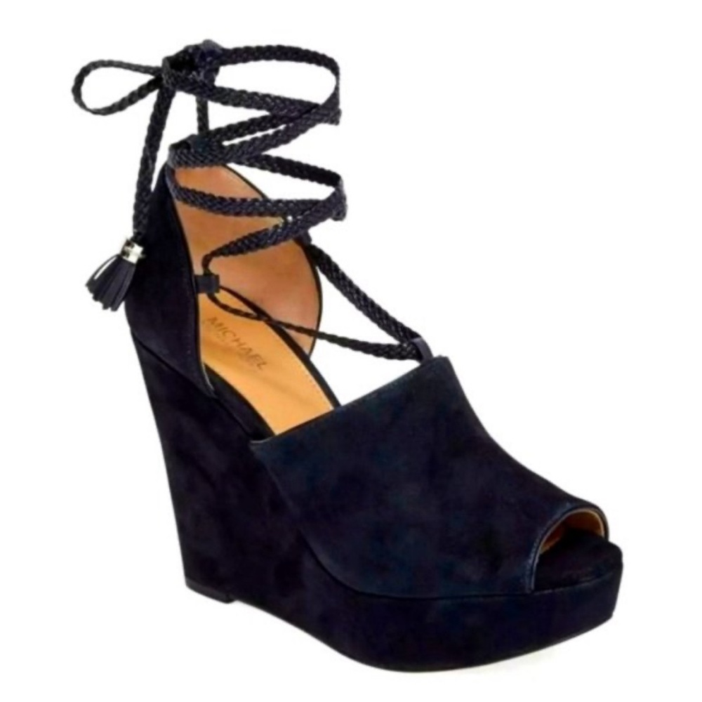 Michael Kors Suede 7-1/2 Black Ankle Strap Wedge Sandal